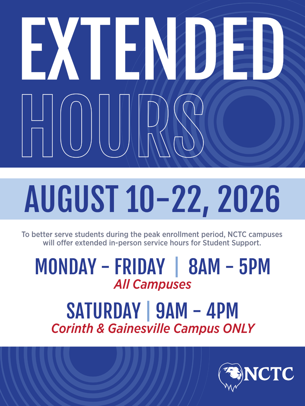 Fall 2026 Extended Hours Full Schedule